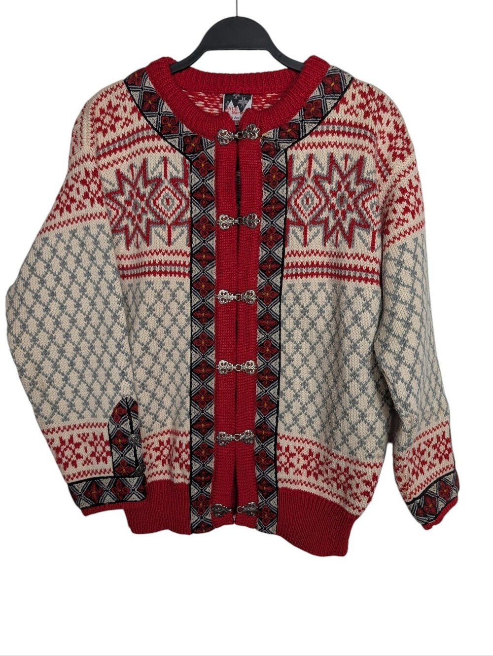 Vintage Dale Of Norway Nordic Fair Isle Wool Hook Clasp Cardigan Size L